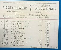 DALE &amp; SYKES  Pieced Tinware (PA) vintage September 9 1892 invoice on le... - $14.84