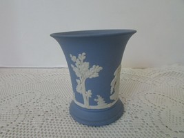 WEDGWOOD BLUE JASPERWARE SMALL TRUMPET VASE WHITE RELIEF MADE IN ENGLAND... - $14.80