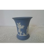 WEDGWOOD BLUE JASPERWARE SMALL TRUMPET VASE WHITE RELIEF MADE IN ENGLAND... - $20.15 CAD