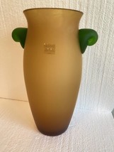 Rare Cathadia by Sasaki Frosted Vase Honey Amber Applied Green Glass Handles 10” - £115.89 GBP