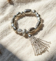 Baroque Silver Tone Stretch Bracelet with Tassel - $110.74 MXN