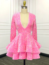 Long Sleeve Pink Prom Dresses Short Sparkly Sequin Fashion Birthday Part... - £124.84 GBP