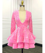 Long Sleeve Pink Prom Dresses Short Sparkly Sequin Fashion Birthday Part... - £125.20 GBP