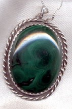 Large Malachite Cabochon set in Sterling Silver plus 925 Silver Box Chain - $140.00