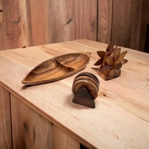 Vtg Monkey Pod Wood Divided Leaf Bowl Coasters Napkin Holder Set of 3 Mi... - $25.00