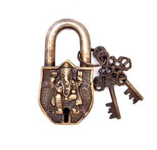 antique brass Padlock with Keys heavy duty Ganesha Design Functional - £34.21 GBP