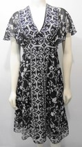 White House Black Market 6 Black w Gray Floral Silk Dress V-Neck Tie-Back - £23.25 GBP