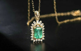 Estate 2.50Ct Emerald &amp; Diamond Pendant Necklace 18&quot; in 14K Yellow Gold Over - £66.88 GBP