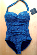 NWT Nip Tuck Sexy Blue Geometric Balconette Ruched One Piece Swim Suit USA 6 - £30.86 GBP