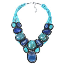 Mystique Turquoise Blue Treasure Mosaic Oval Agate Statement Necklace - £55.12 GBP
