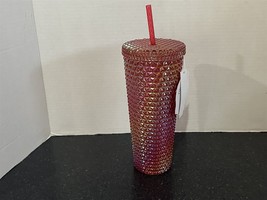 Holiday Time: 26 Ounce Plastic Iridescent Double Wall Tumbler, Pink Cup w/ Straw - £7.69 GBP