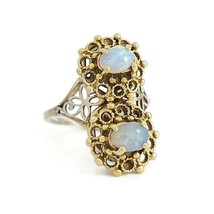 Vintage 1920&#39;s 1930&#39;s Two-Tone Opal Filigree Ring 14K Yellow White Gold,... - £634.69 GBP