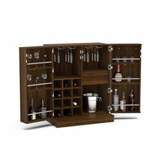 Brown Finish Folding Home Bar Cabinet Liquor Wine Rack Storage Mini Compact Pub - £422.18 GBP