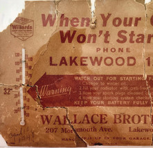 1948 Wallace Brothers Garage Advertisement Thermometer Sign Lakewood NJ ... - €25,67 EUR