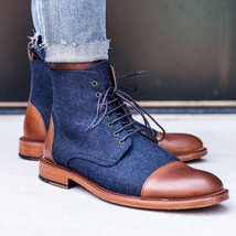  NEW Handmade Navy Blue Tweed Brown Leather boot, Men Lace up Cap Toe Ankle High - £121.00 GBP