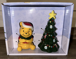 NEW Disney Winnie The Pooh Ceramic Salt &amp; Pepper Shakers Christmas Tree Holiday - £19.72 GBP