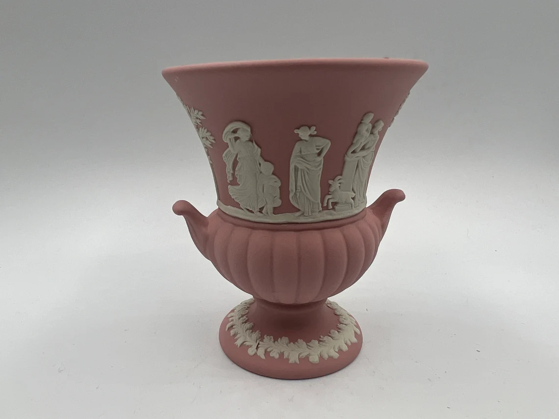 Rare Wedgwood - Pink Jasper Ware - Urn-Shaped Posy Vase - Classical Figures 3.5  - $89.95