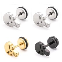Mens Stainless Steel Punisher Skull Screw Back Stud Earrings Gothic Punk Jewelry - £5.05 GBP+