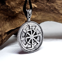 Slavic Sun Wheel Pendant Necklace 8 Leg Svarog Kolovrat Bead Tie Cord Jewellery - £6.31 GBP