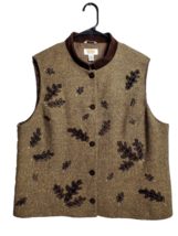 Talbots Vest Womens XL Brown Wool Silk Herringbone Tweed Embroidered Leaf Fall - £27.26 GBP