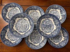 Vtg Ironstone England Dickens Soup Bowls Blue Transferware 8 Pc - $1,222.86 MXN
