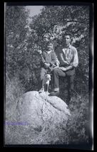 BLACK &amp; WHITE NEGATIVE * snapshot Man &amp; Boy standing on rock with dog - $9.95