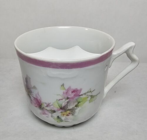Antique Porcelain Mustache Cup Papa Mug White With Pink Flowers - $3.96