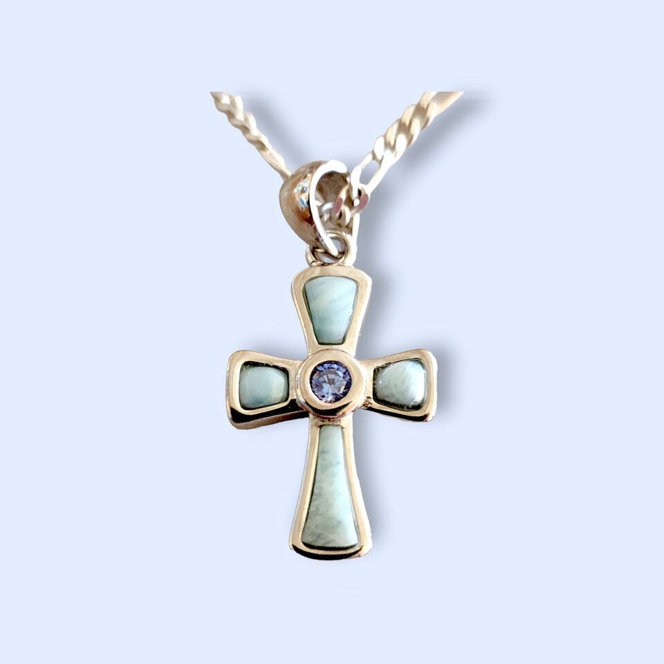 Natural Larimar Cross with Tanzanite Gem Chip .925 Sterling Silver Pendant Neckl