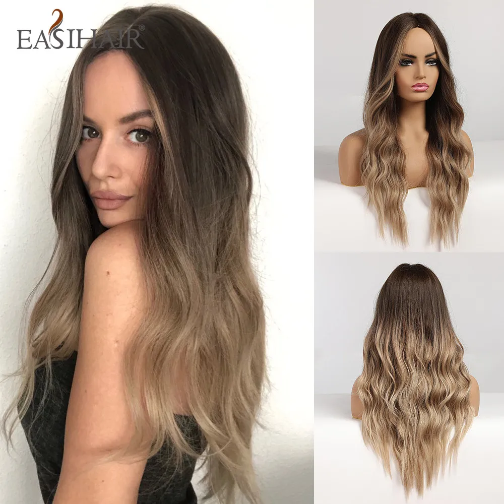 EASIHAIR Long Body Wave Wigs Ombre Black Brown Blonde Synthetic Wig Cospl - £21.41 GBP+