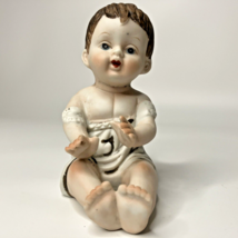 Piano Baby Boy Sitter Figurine 4.5 in VTG Porcelain Seated Brown Hair Blue Eyes - £13.80 GBP
