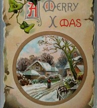 Christmas Postcard Silver Border Embossed Countryside Cottage Ilion NY 1909 - £5.99 GBP