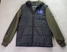 WT02 Jacket Men&#39;s Medium Black Green Long Sleeves Hooded Drawstring Full Zipper - £14.96 GBP