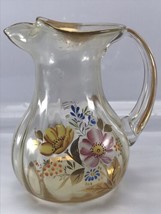 VTG Floral Painted Yellow Glass Pitcher Gold Trim 7.25 inches Tall - $22.49