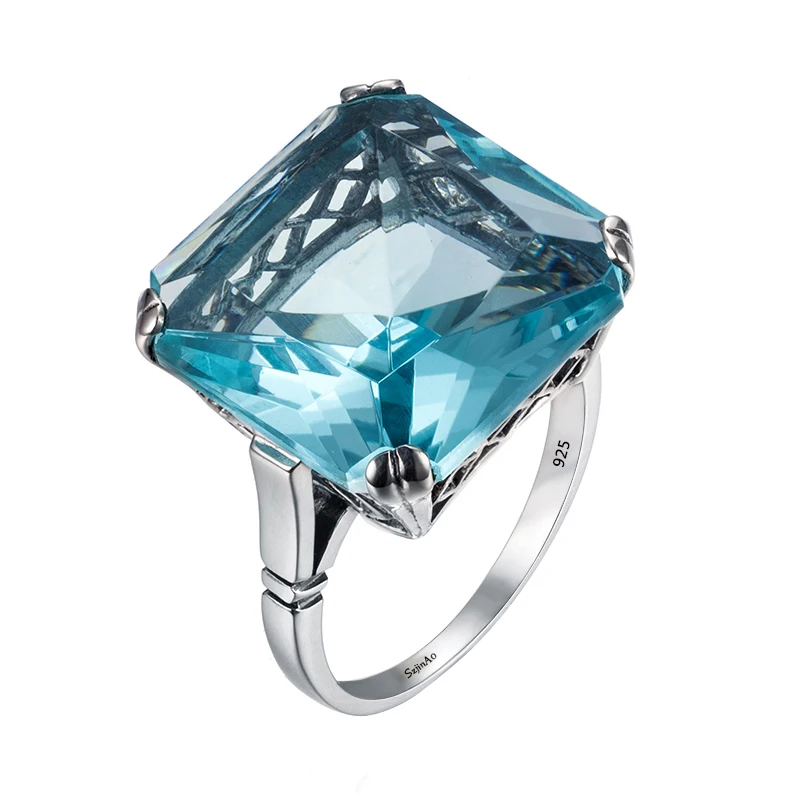 Real 925 Sterling Silver 17*17mm Square Aquamarine Ring For Women Vintage Sparkl - £40.09 GBP