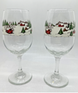 2 Libbey Christmas Holiday Winter Village Scene Wine Goblet Glasses 12 Oz - $16.82
