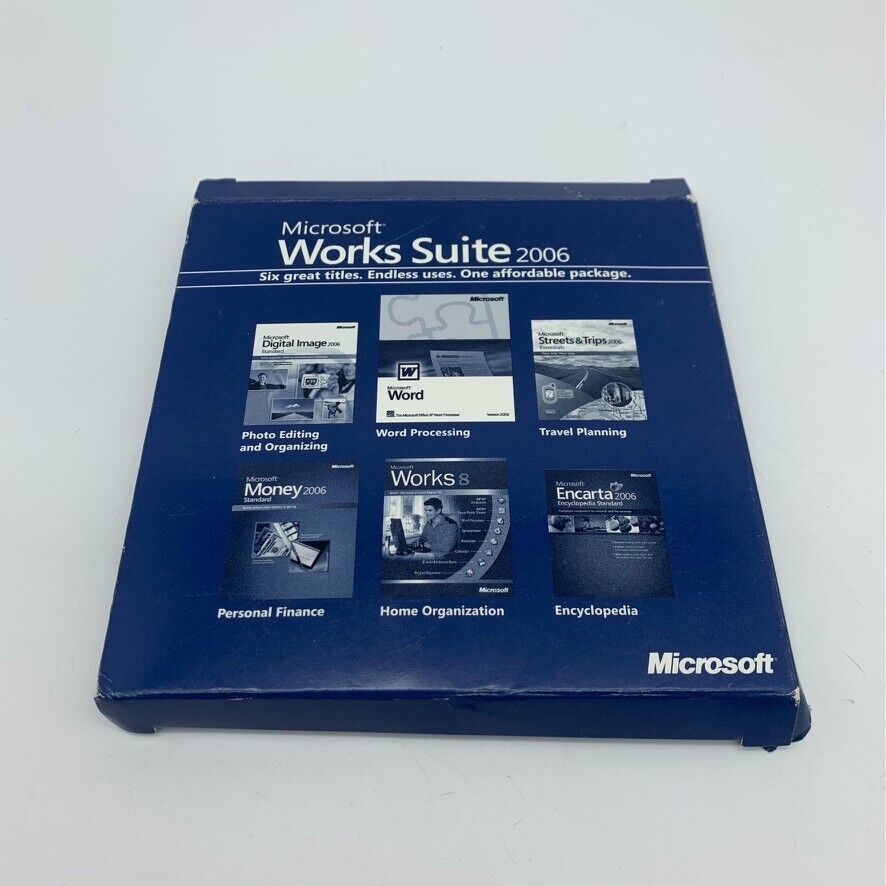 Microsoft Works Suite 2006 Software Word Works Money Photo Encarta 5 CD's w/ KEY - $17.81