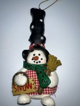Snowman Ornament with Tall Hat Holding Sign and Broom Cute Winter - $5.99