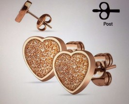 Pair of 316L Stainless Steel Rose Gold Heart Sand Glitter Stud Earrings - £7.44 GBP