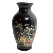 Vintage Japanese Inspired Ceramic Vase Bird Floral Black Gold Rim 6-inch... - $17.73