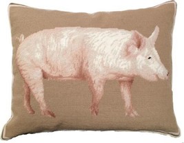 Throw Pillow Needlepoint Pig American Yorkshire Dog 16x20 20x16 Taupe Beige - £230.97 GBP