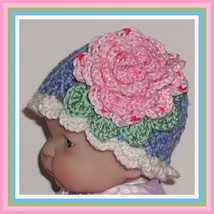 Blue Baby Hat Girl Pink Shaded  Rose Sage Green Leaves Girls  3-6 months - £13.36 GBP