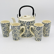 Blue Flowers Tea Set 4 Tall Cups &amp; Teapot with Loose Tea Filter Vintage Boxed - £35.55 GBP