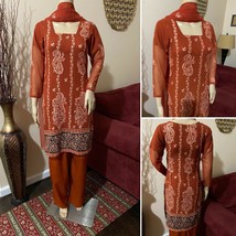 Pakistani Russet Brown  Chiffon Suit, Fancy Threadwork and Sequins,x-small - £62.43 GBP