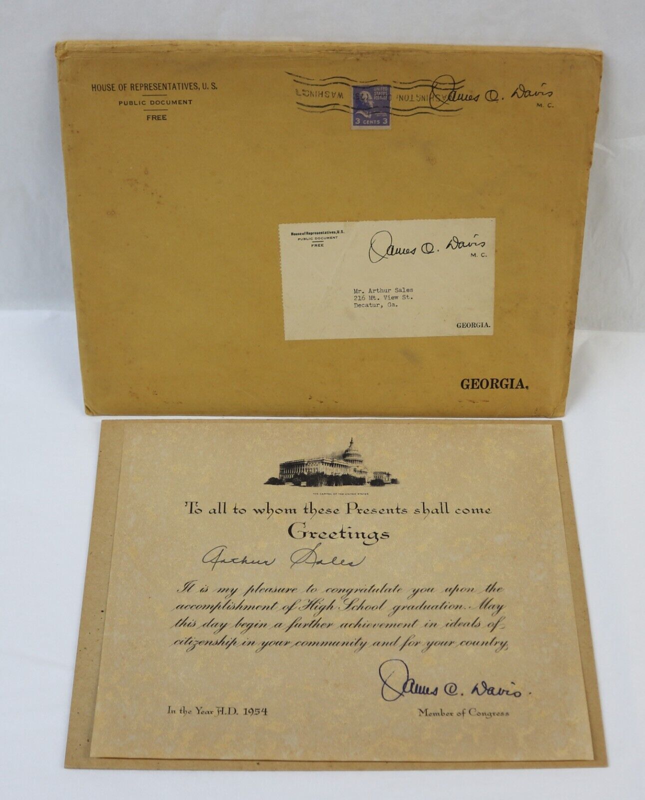 Primary image for JAMES DAVIS 1954 signed / Autographed 8x10" Certificate Member of Congress Ga.