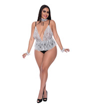 Dress Up Full Service Lace Deep V Teddy w/Collar &amp; Wrist Cuffs Black/White QN - $50.99