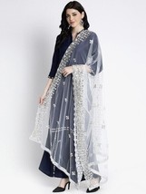 Women&#39;s Net Scarf Embroidered Dupatta Taping Along Border White Chunni Stole - £15.13 GBP