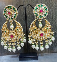 Ruby Jadau Chand Bali Kundan Large Handmade Dangle and Drop Earrings Stud - £72.50 GBP