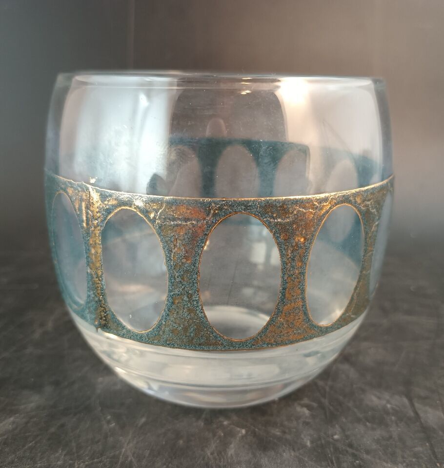 Culver Roly Poly Glass Gold &amp; Turquoise &#39;Antigua&#39; Vintage MCM - $18.00