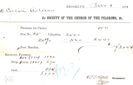 Plymouth Church Of Pilgrims Brooklyn New York Pew Rent 1871 Document - £39.52 GBP