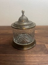 Vintage Crystal And Bronze Lidded Vanity Jar Ornate Patterned/ Bombay Co... - $34.99